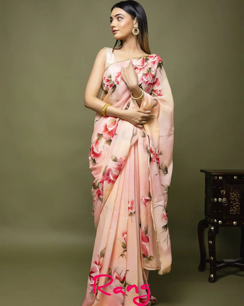 Hand-Painted Shaded Peach Chinnon Chiffon Saree