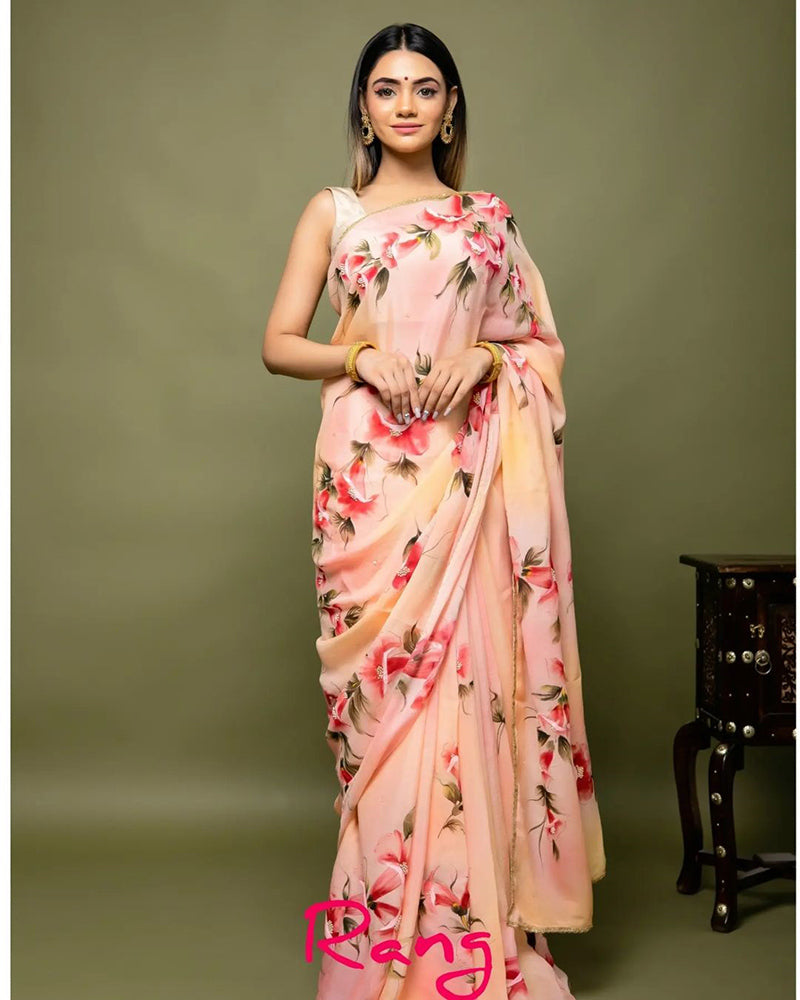 Hand-Painted Shaded Peach Chinnon Chiffon Saree