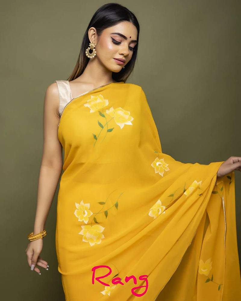 Hand-Painted Bright Yellow Chiffon Saree