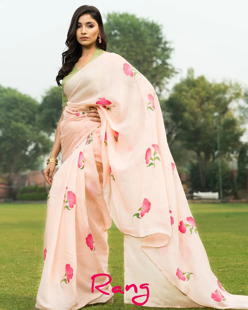 Hand-Painted Peach Floral Pure Chinon Chiffon Saree