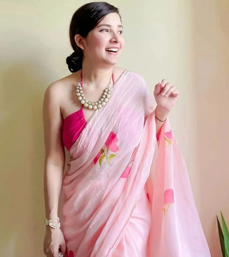 Hand-Painted Powder Pink Chiffon Saree