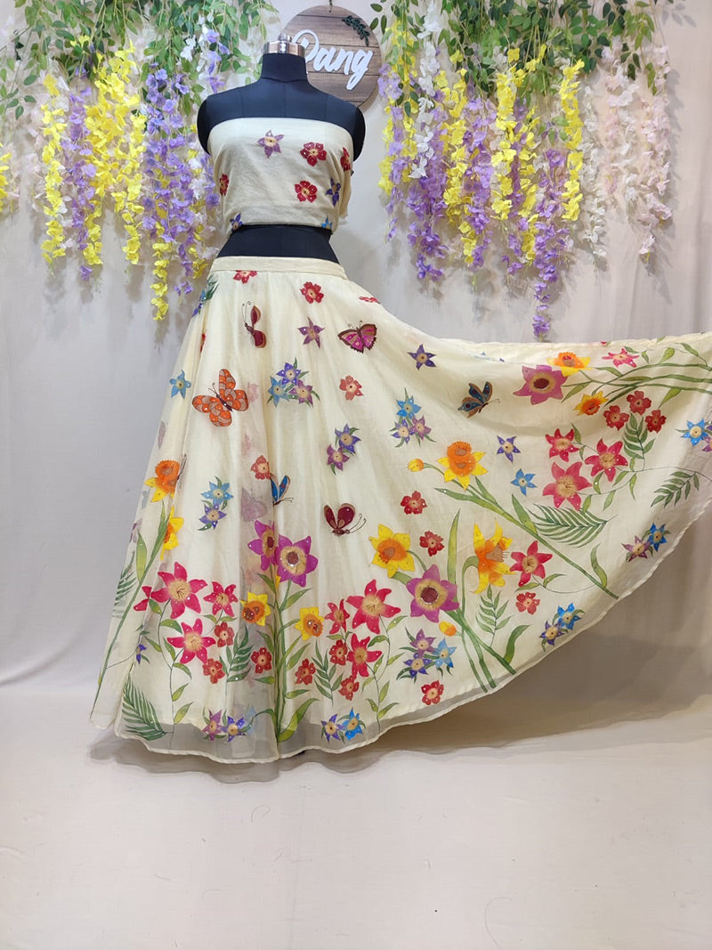 Handpainted Lemon Yellow Flowers and Butterflies Silk Organza Lehenga