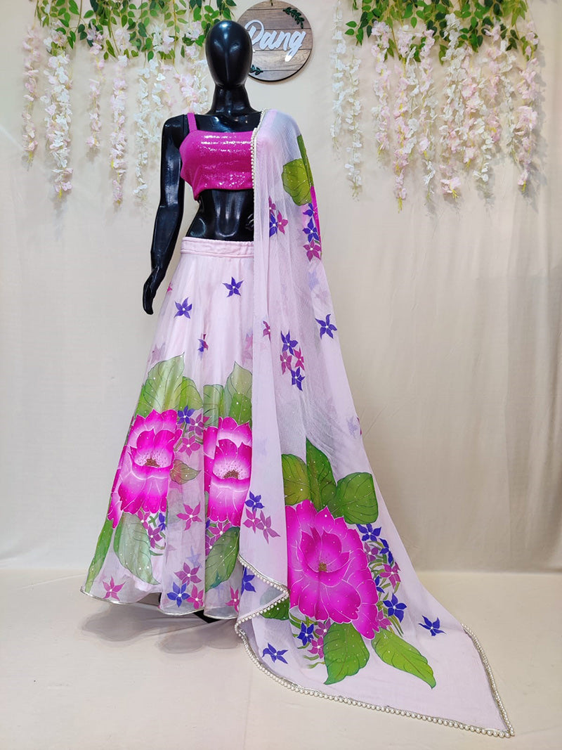 Hand painted Pastel Pink Silk Organza Lehenga