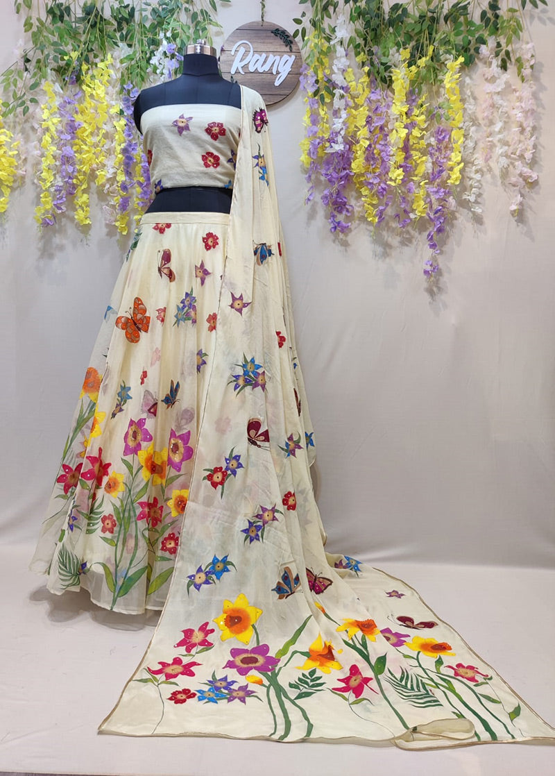 Handpainted Lemon Yellow Flowers and Butterflies Silk Organza Lehenga