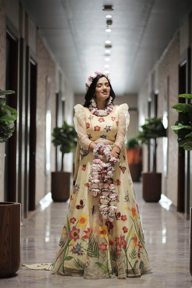 Handpainted Lemon Yellow Flowers and Butterflies Silk Organza Lehenga