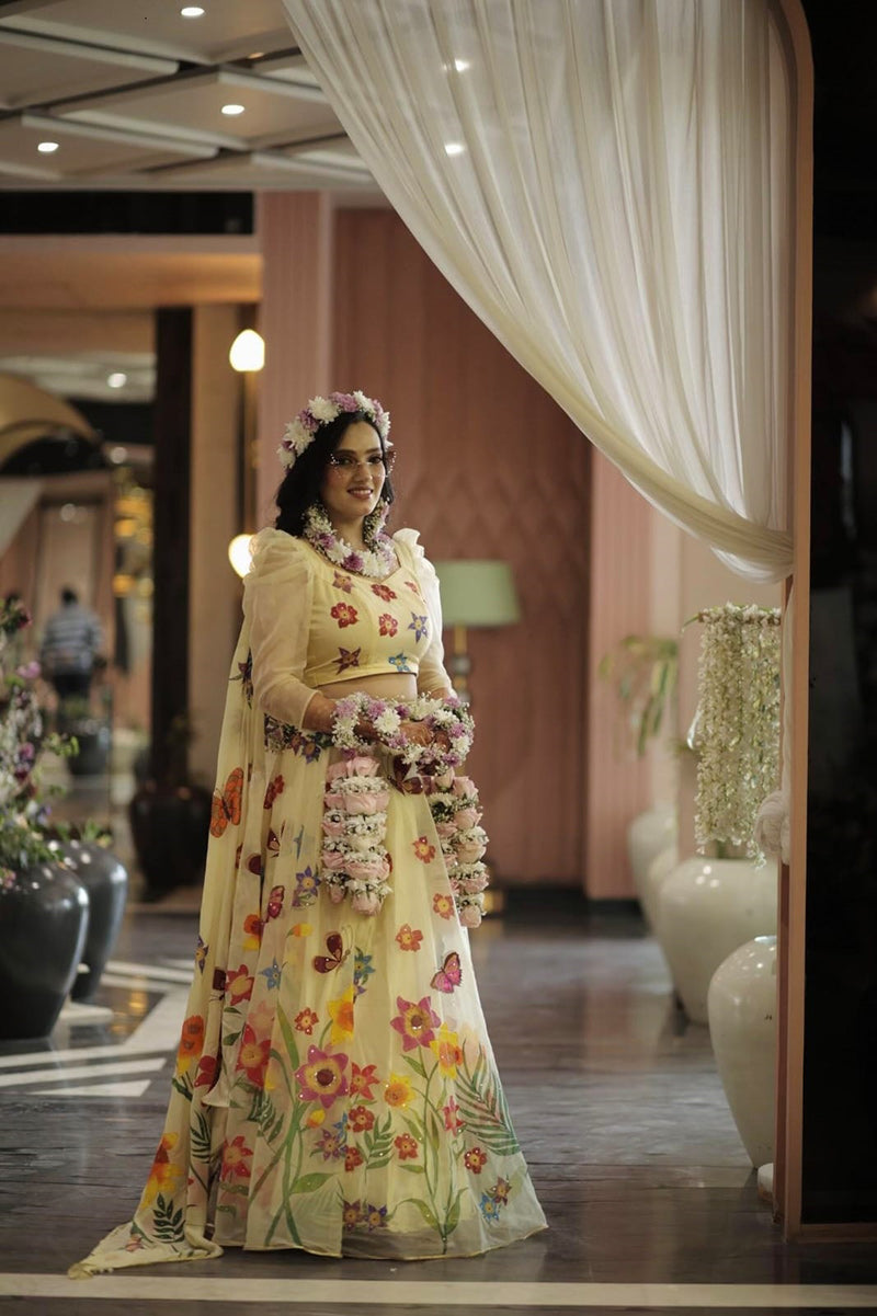 Handpainted Lemon Yellow Flowers and Butterflies Silk Organza Lehenga