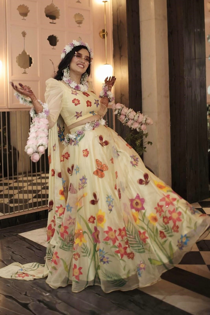 Handpainted Lemon Yellow Flowers and Butterflies Silk Organza Lehenga