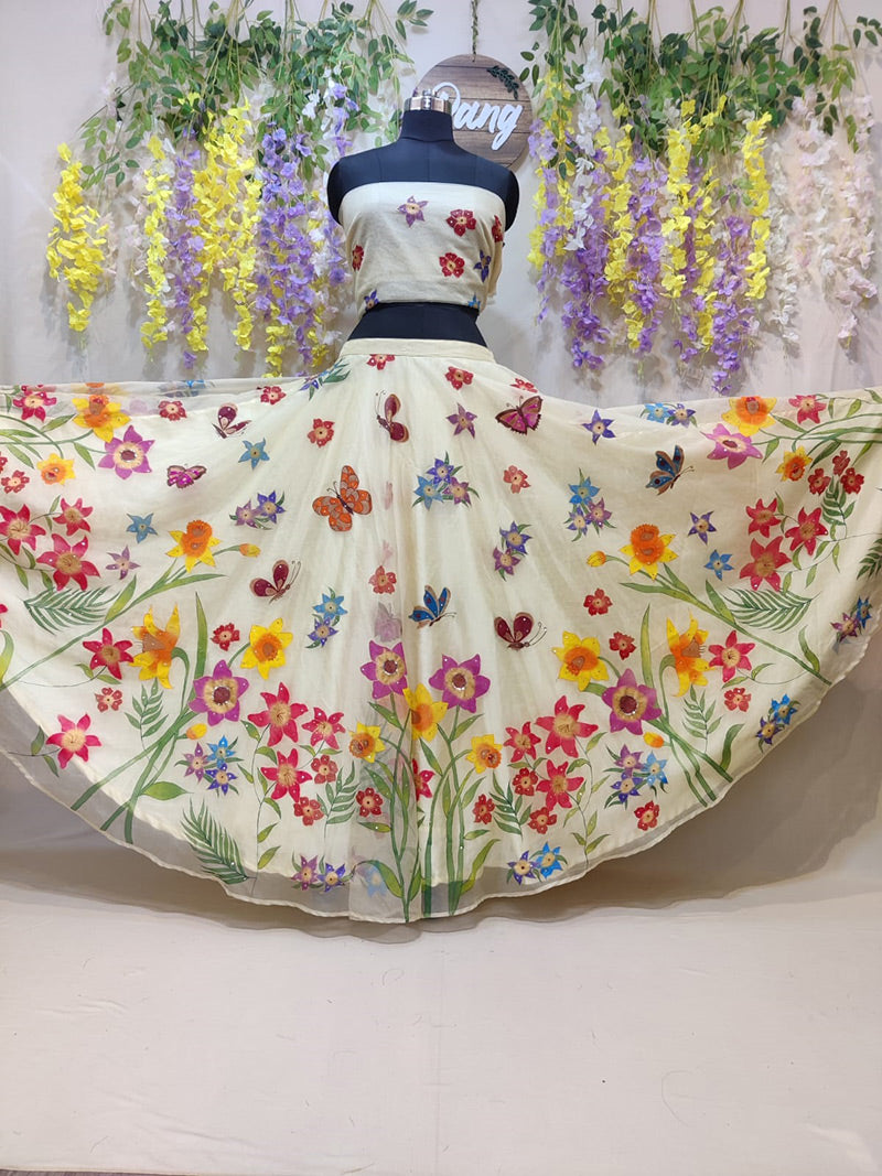 Handpainted Lemon Yellow Flowers and Butterflies Silk Organza Lehenga
