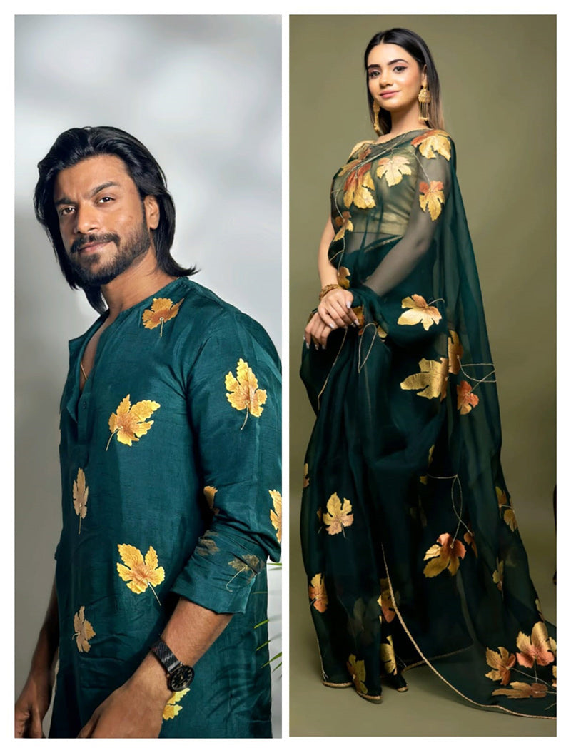 Matching Hand-Painted Silk Organza Saree and Kurta Set