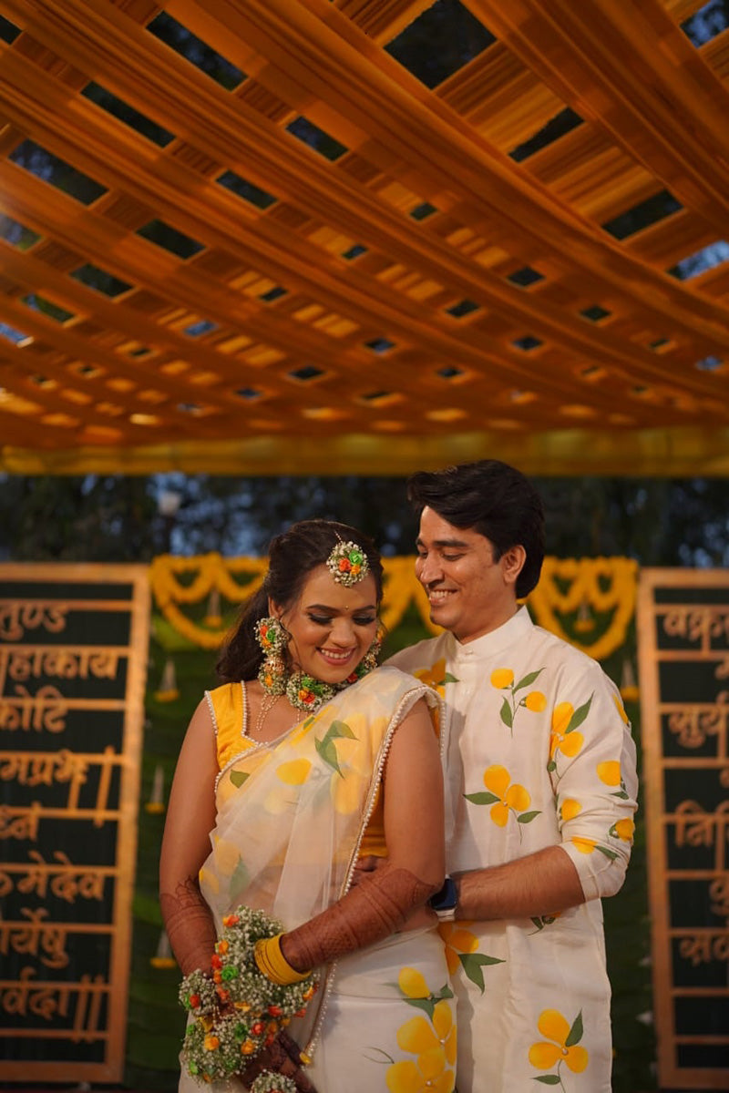 Matching Hand-Painted Silk Organza Floral Saree and Men's Kurta Set