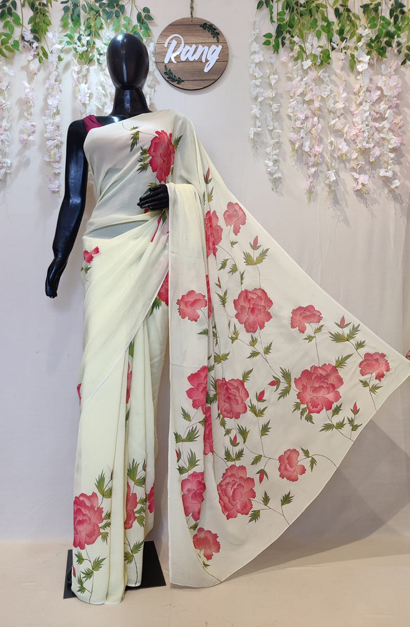 Hand-Painted Lime Green Georgette Saree