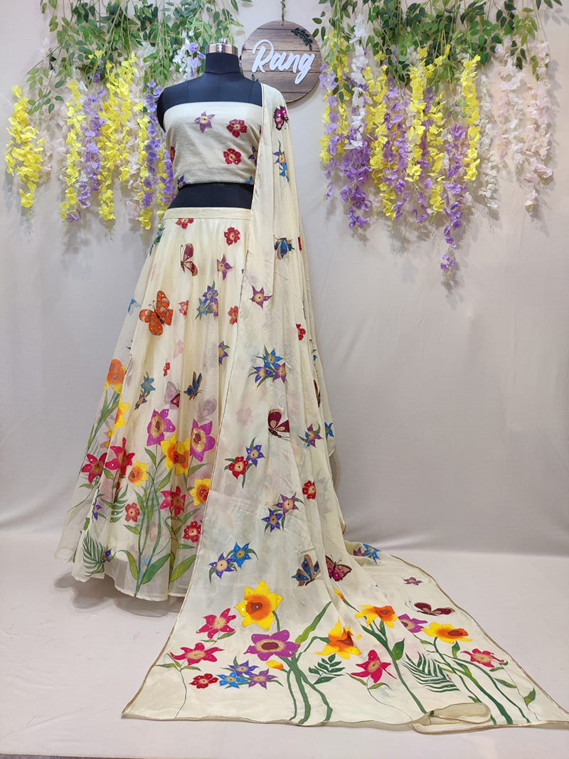 Handpainted Lemon Yellow Flowers and Butterflies Silk Organza Lehenga