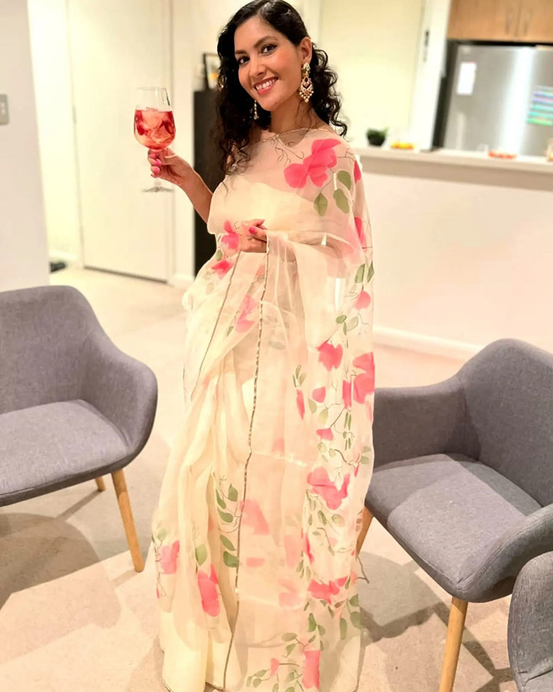 Hand-Painted Ivory Silk Organza Saree