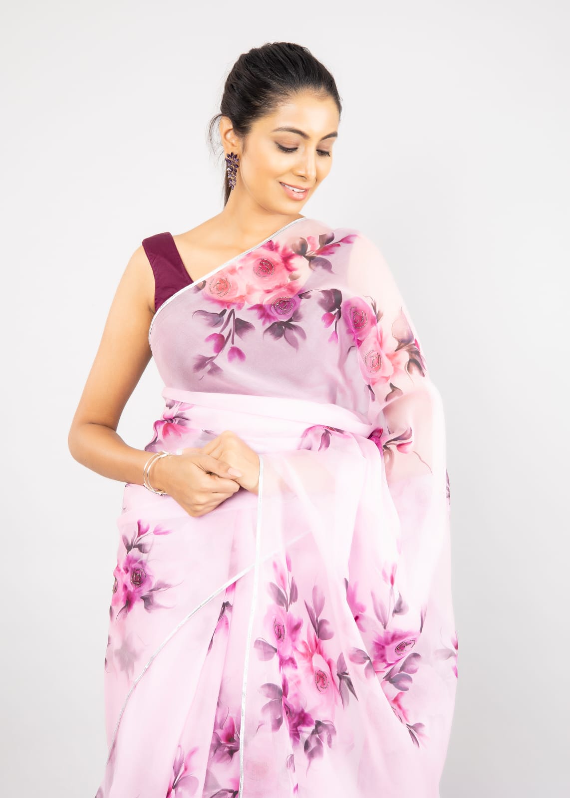 Hand-Painted Mauve Silk Organza Saree