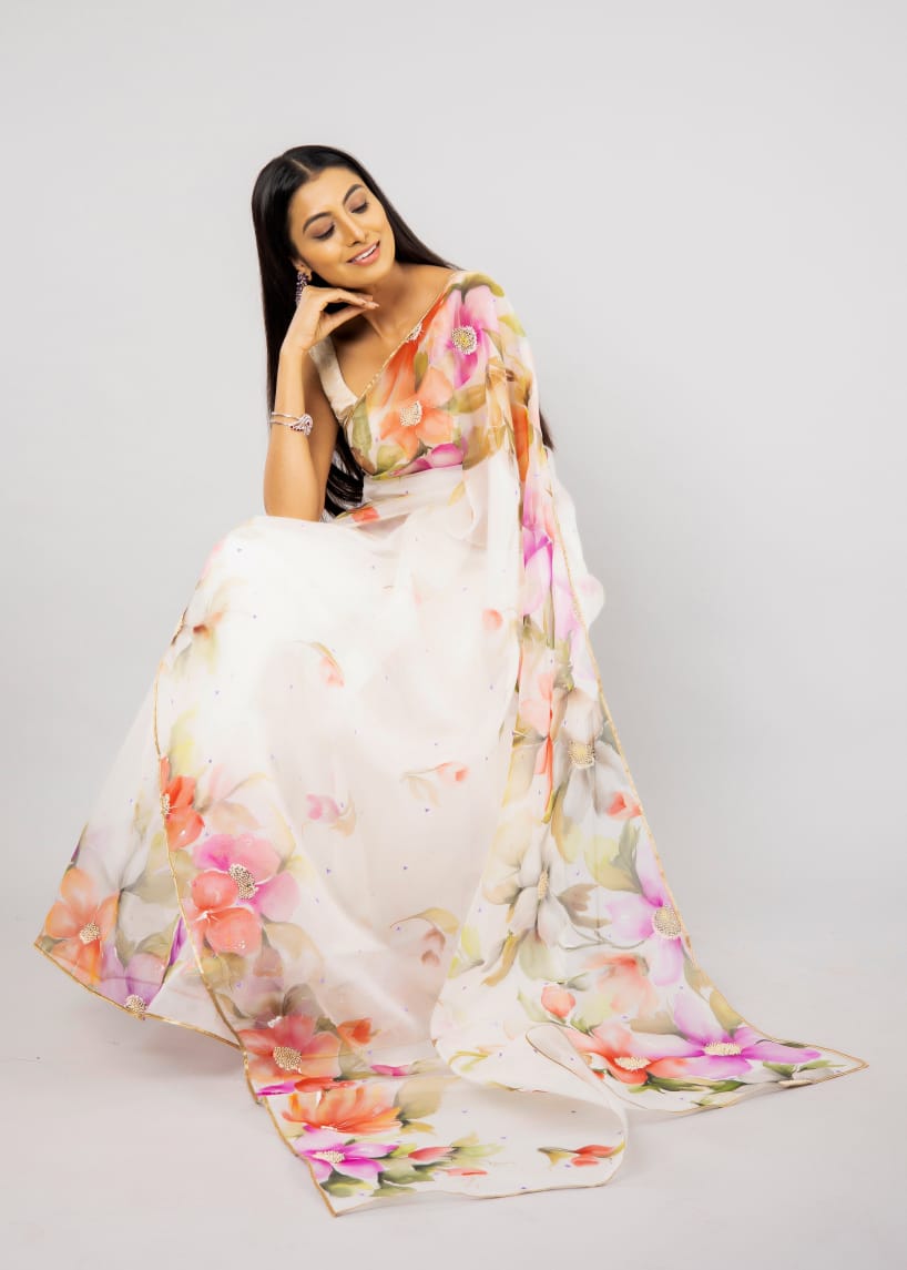 Hand-Painted Ivory Kyari Silk Organza Saree