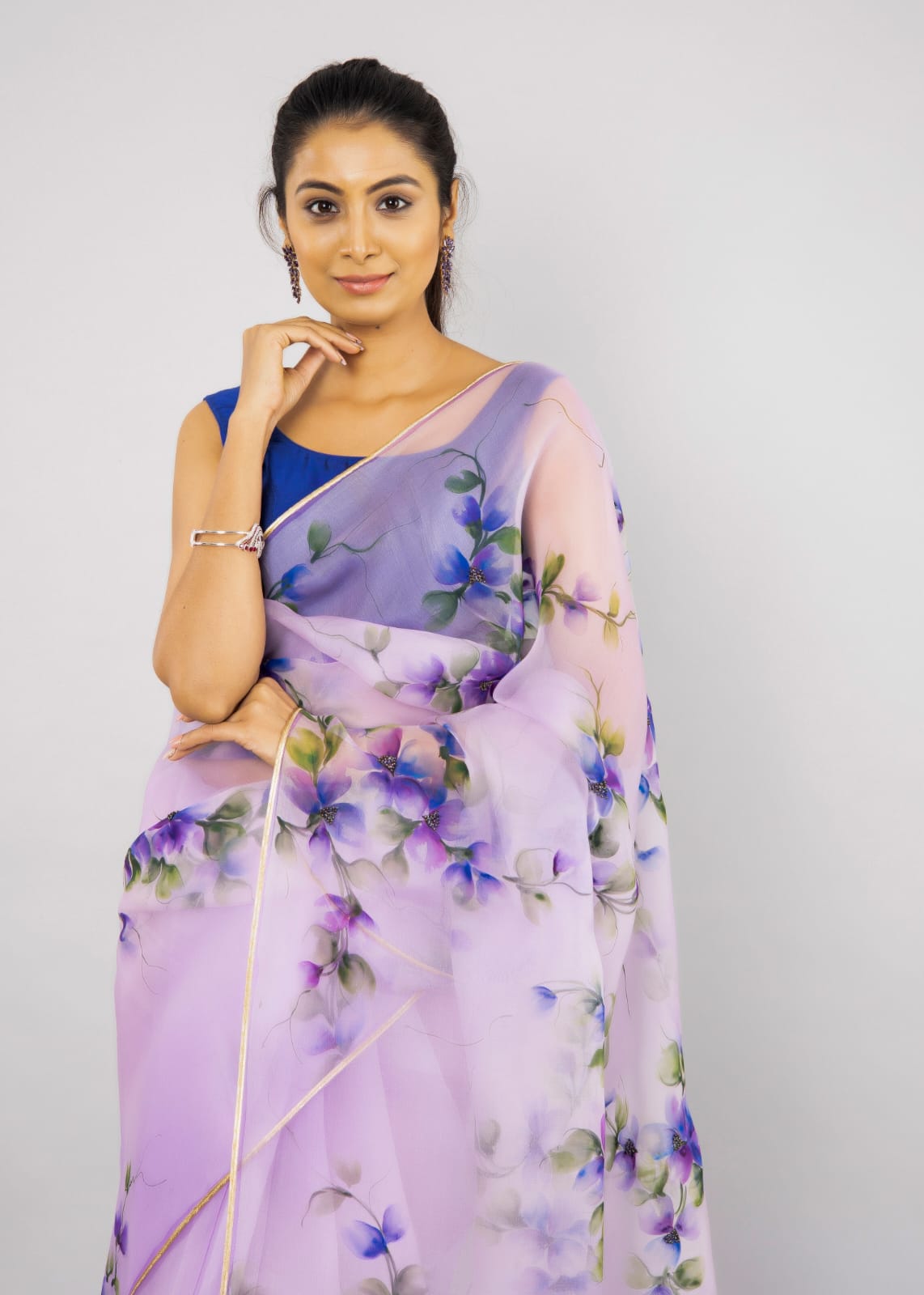 Hand-Painted Lilac Silk Organza Saree