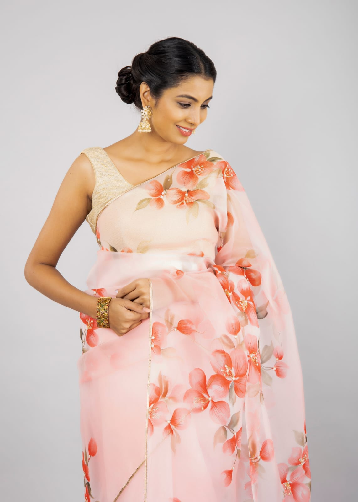Hand-Painted Shaded Pink Blossom Silk Organza Saree