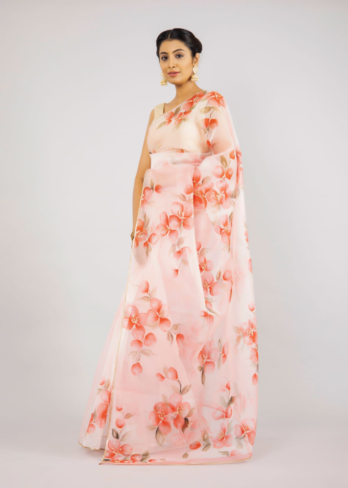 Hand-Painted Shaded Pink Blossom Silk Organza Saree