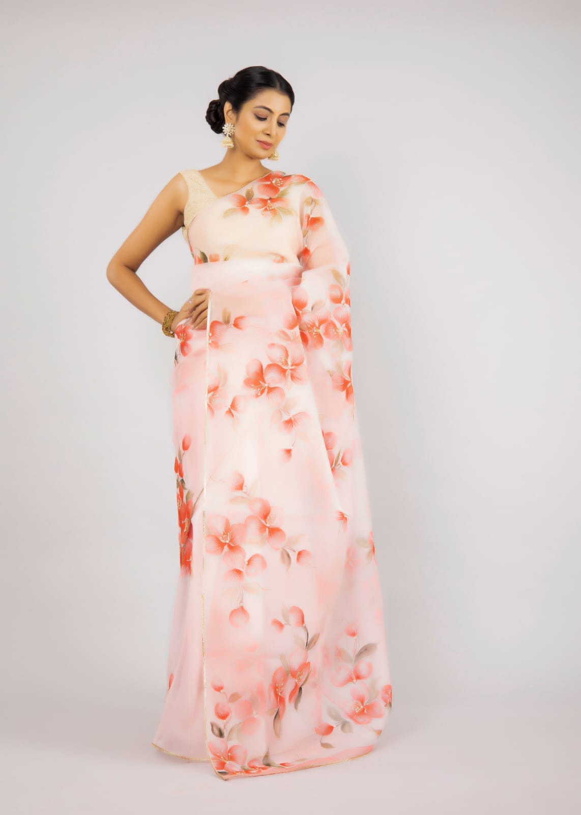 Hand-Painted Shaded Pink Blossom Silk Organza Saree