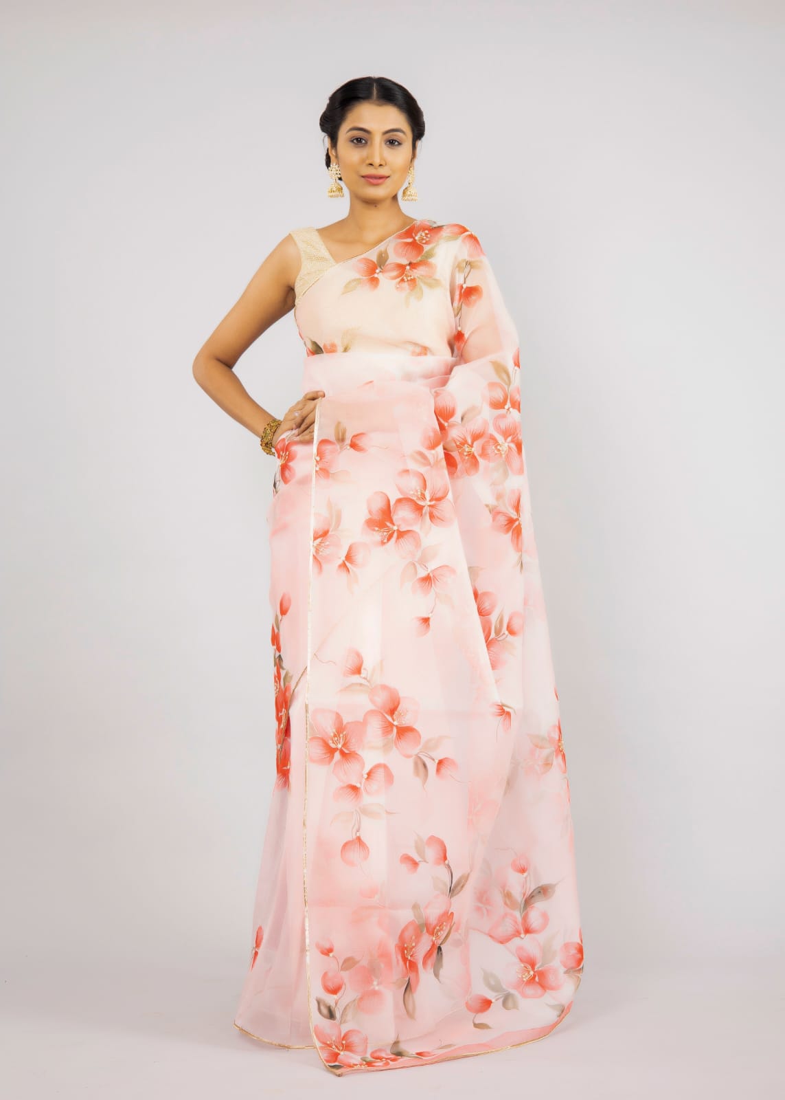 Hand-Painted Shaded Pink Blossom Silk Organza Saree