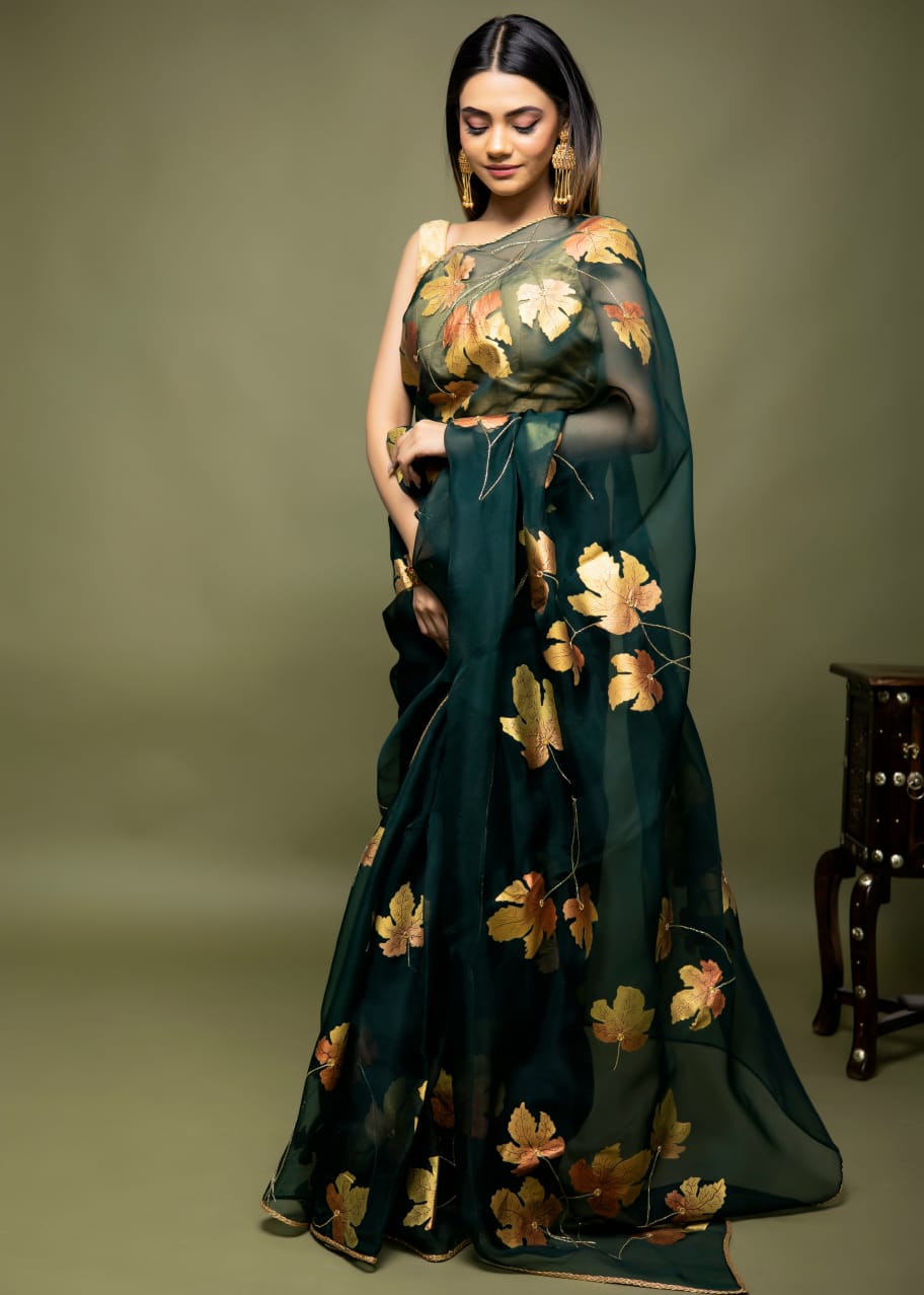 Hand-Painted Bottle Green Silk Organza Saree