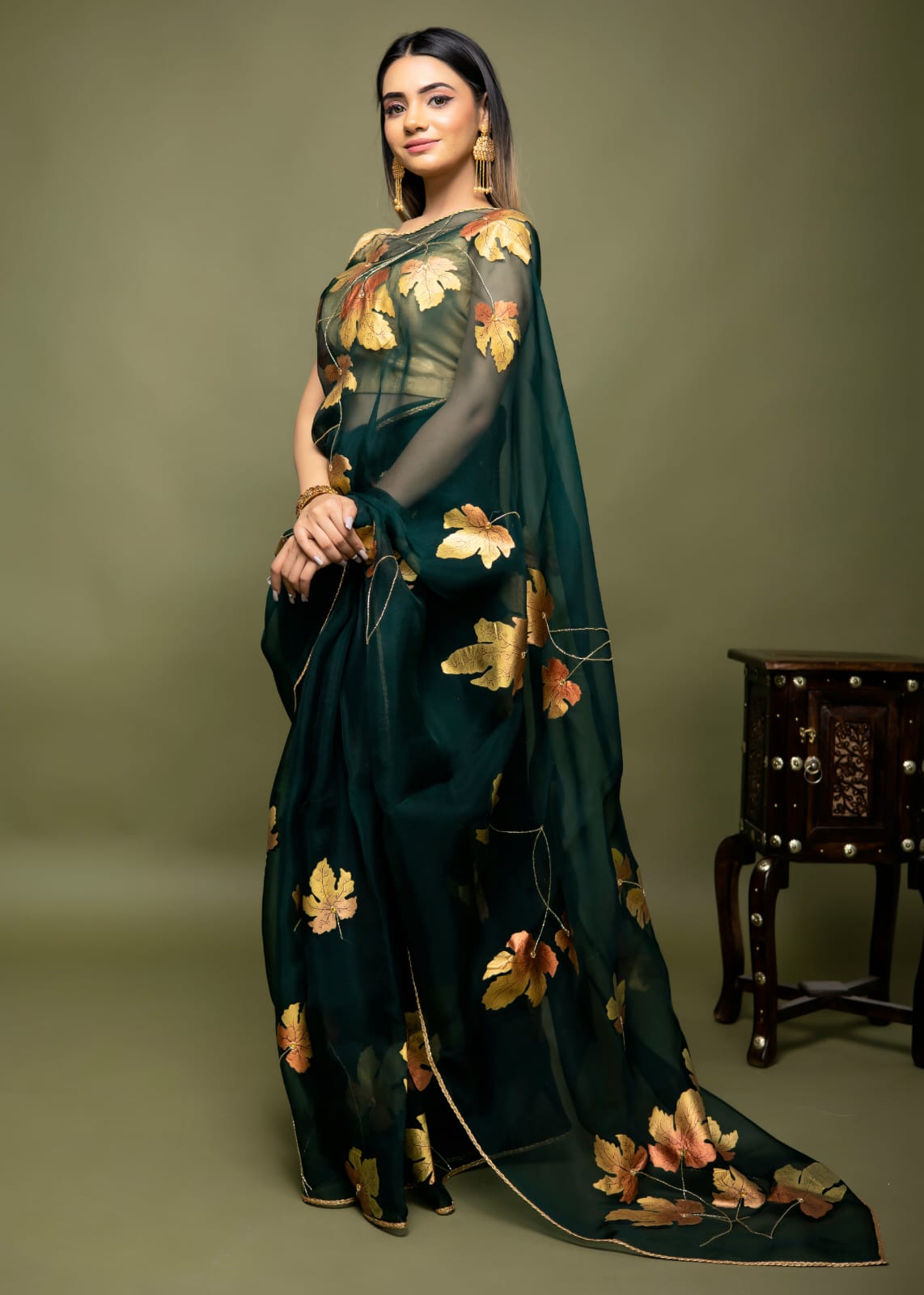 Hand-Painted Bottle Green Silk Organza Saree