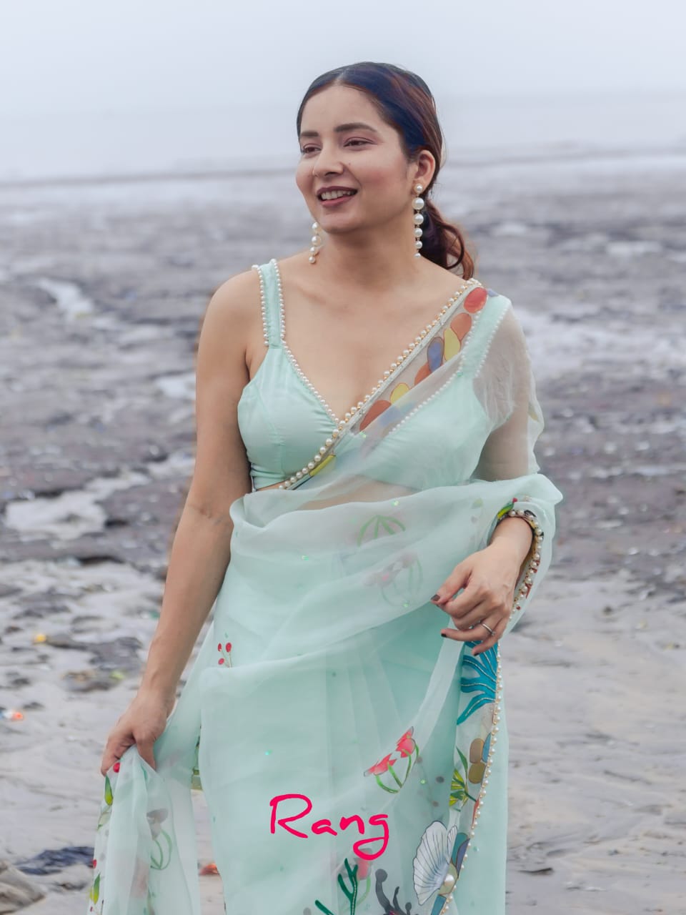 Hand-Painted Sea Green Marine Silk Organza Saree