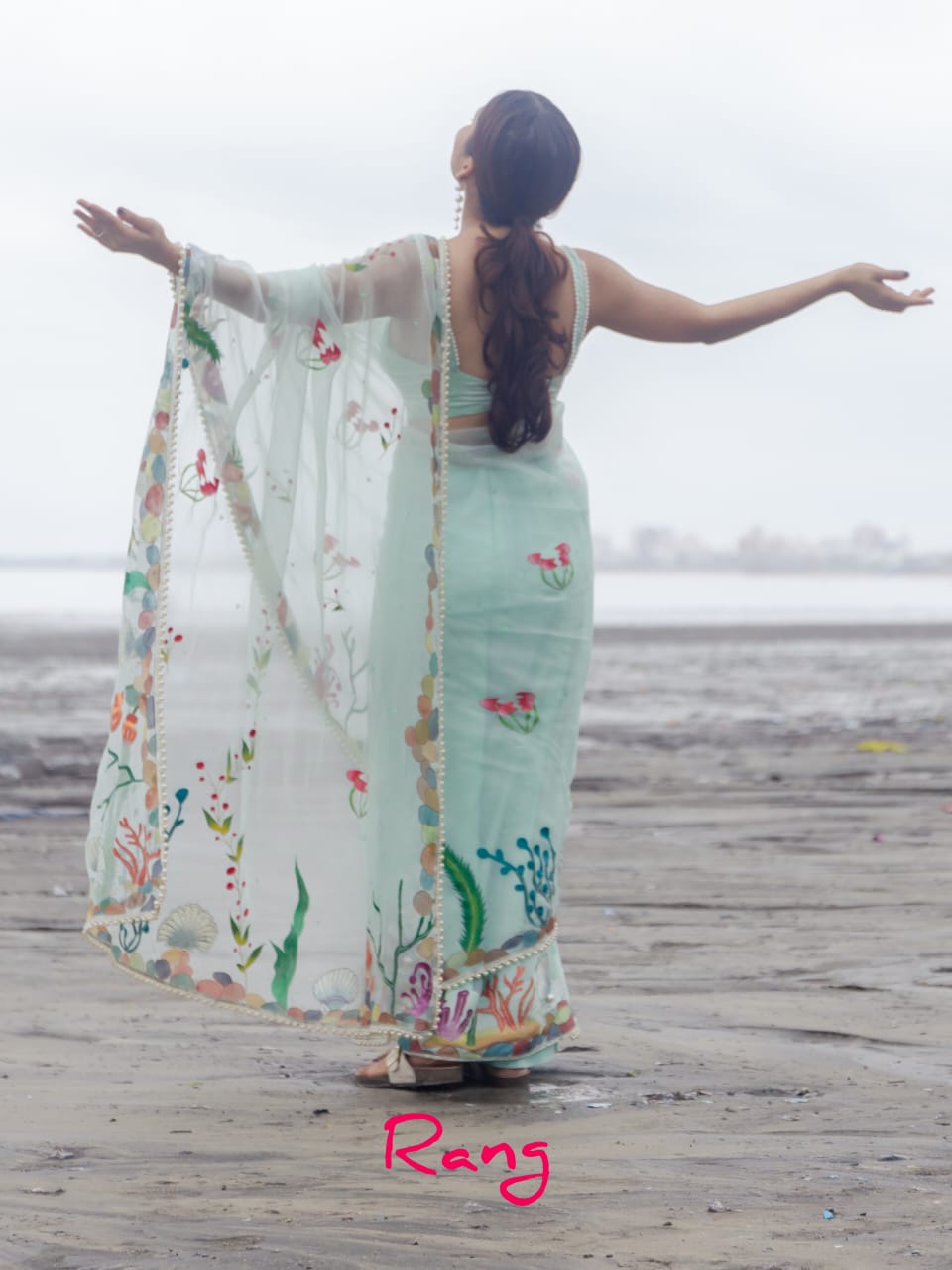 Hand-Painted Sea Green Marine Silk Organza Saree