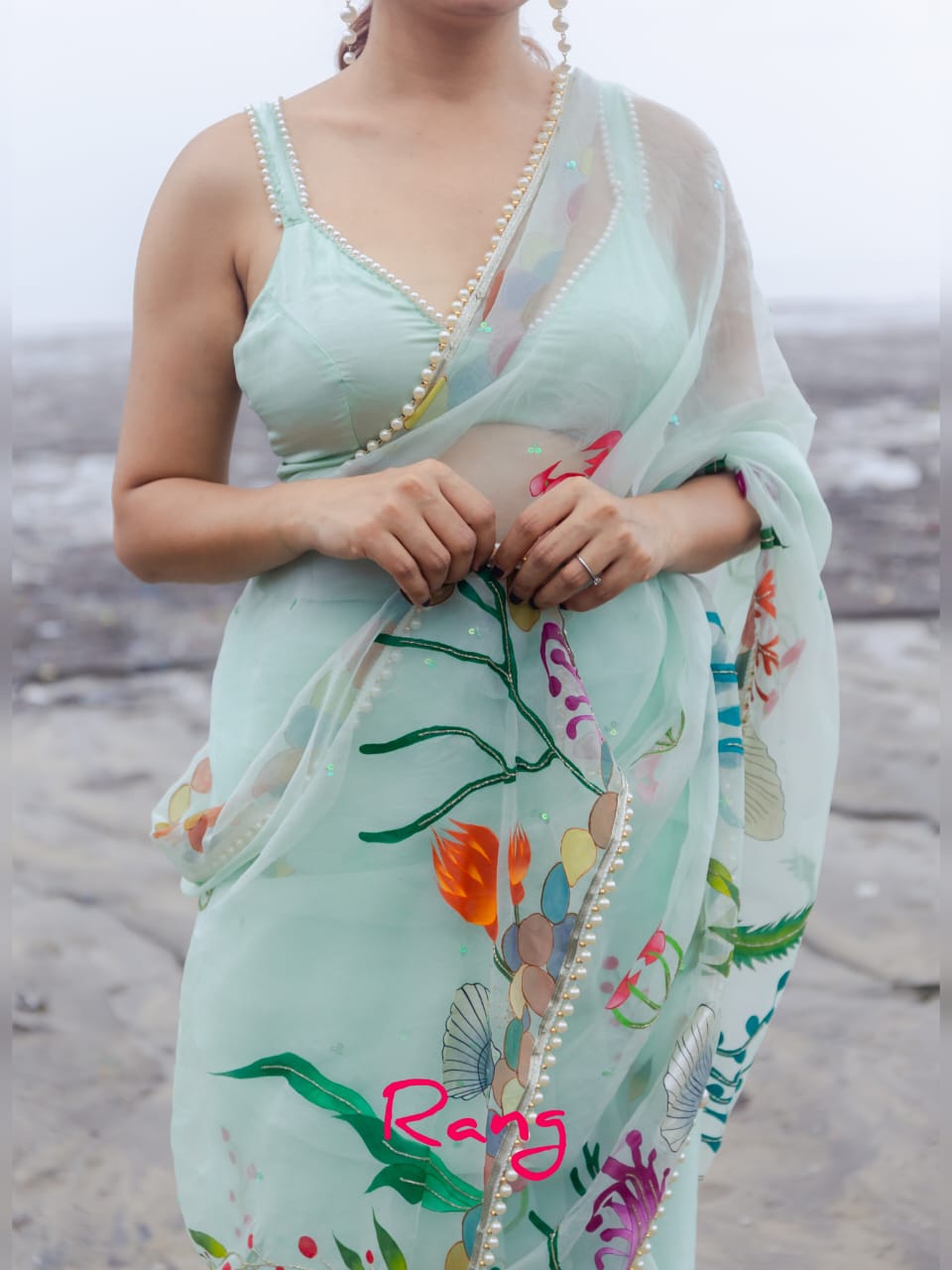 Hand-Painted Sea Green Marine Silk Organza Saree