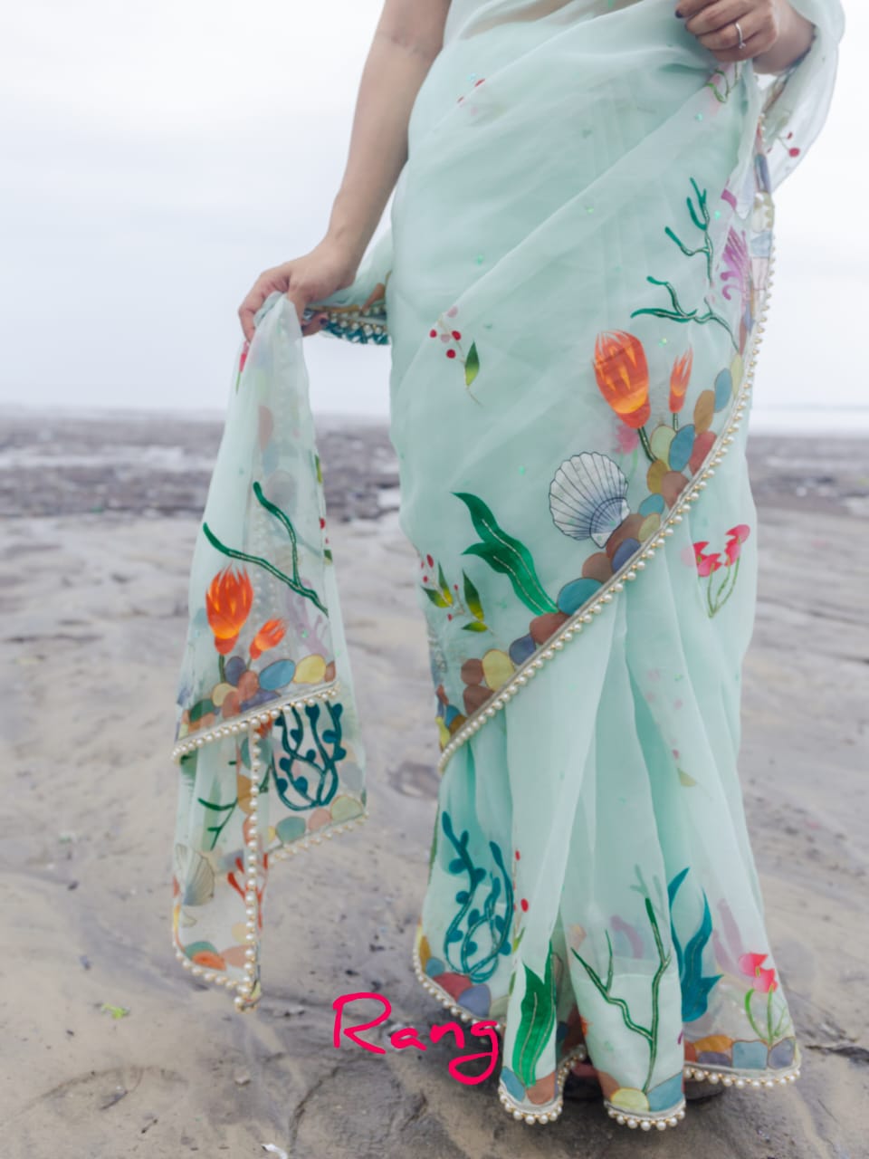 Hand-Painted Sea Green Marine Silk Organza Saree