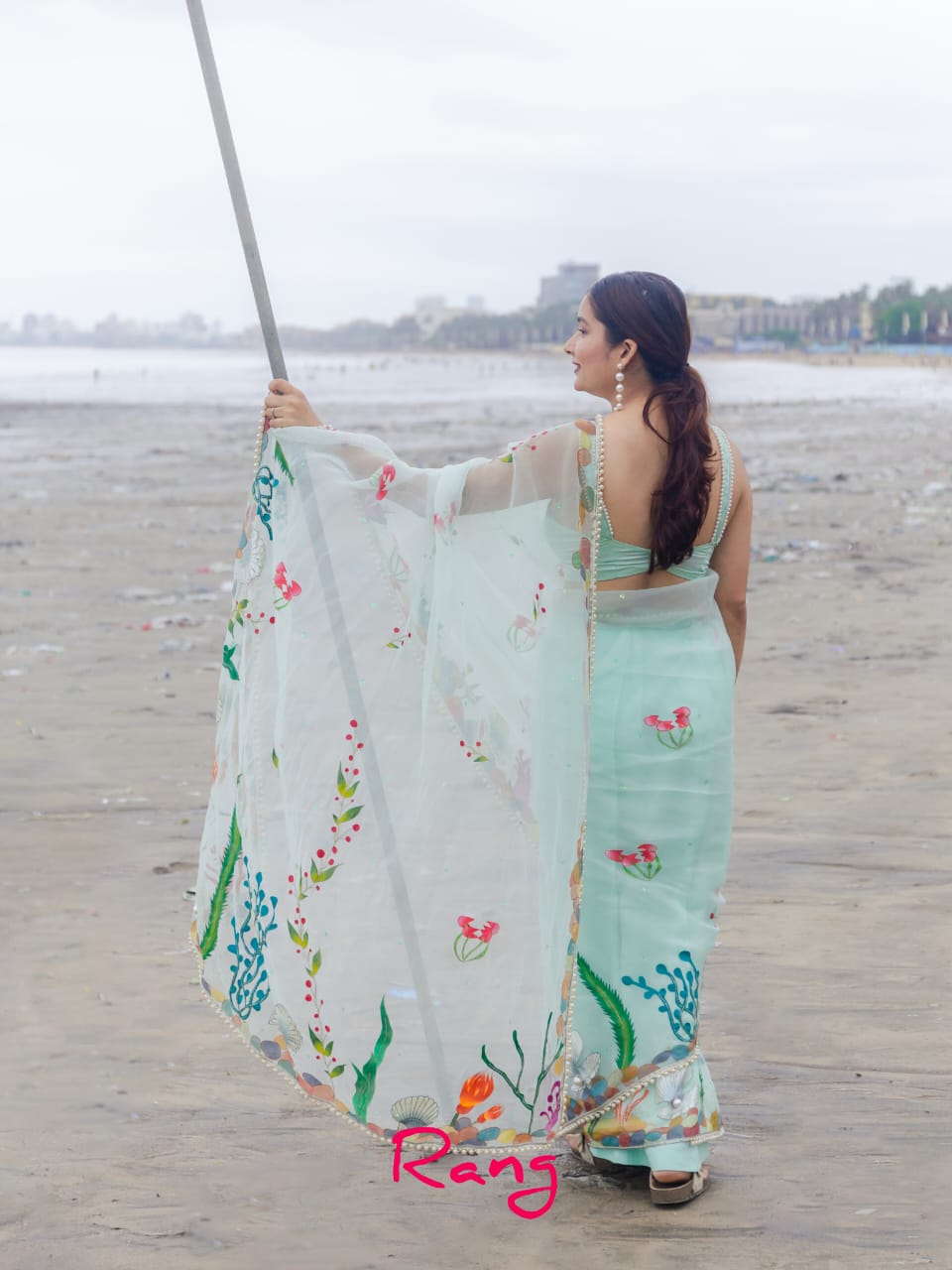 Hand-Painted Sea Green Marine Silk Organza Saree