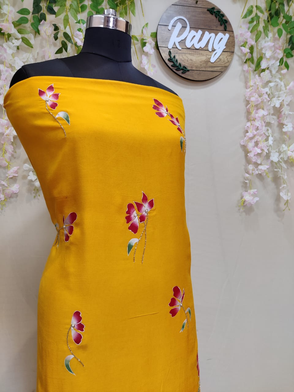 Deep Yellow Chanderi Silk Handpainted Suit