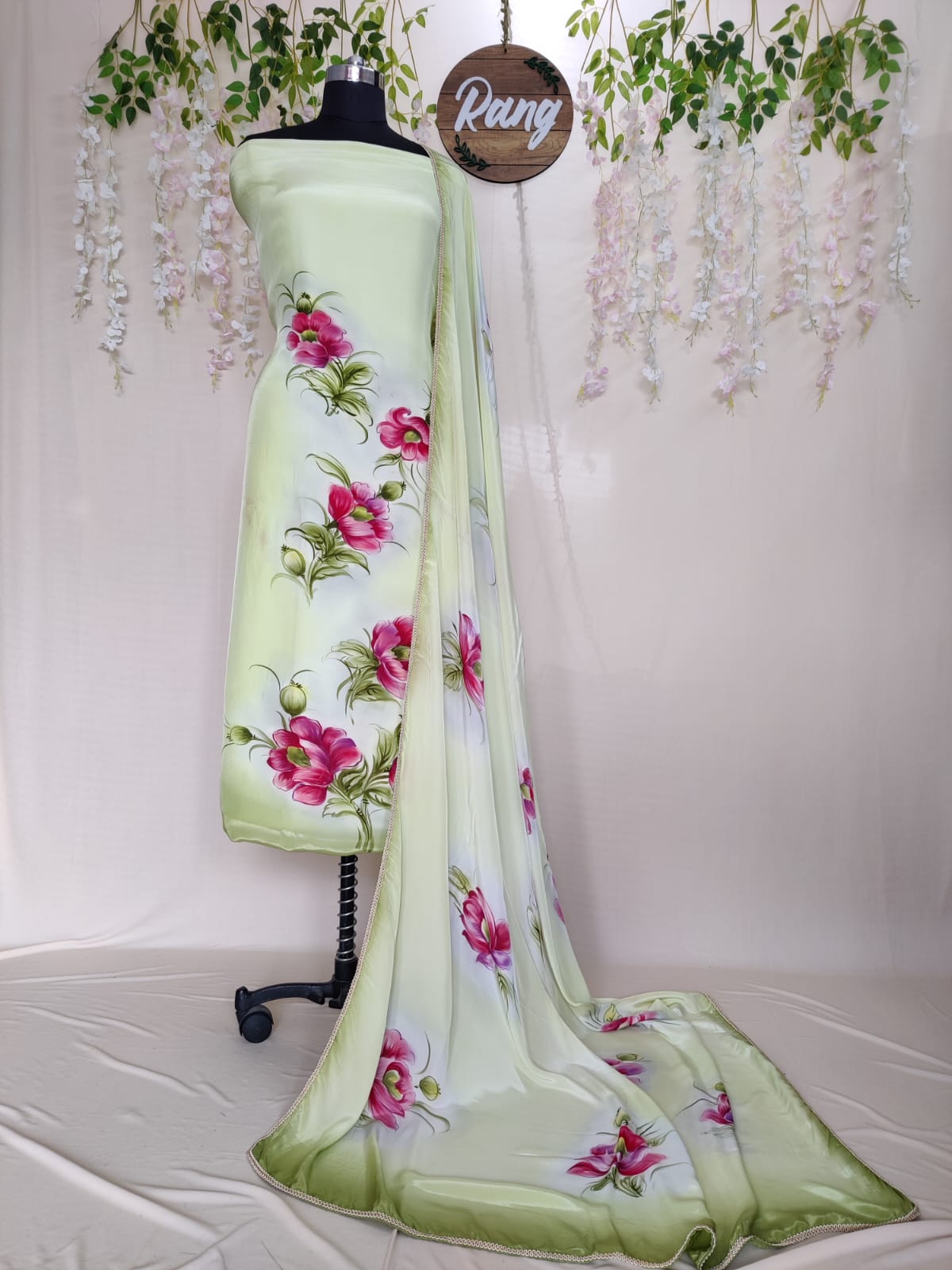 Ombre Green Natural Crepe Handpainted Suit