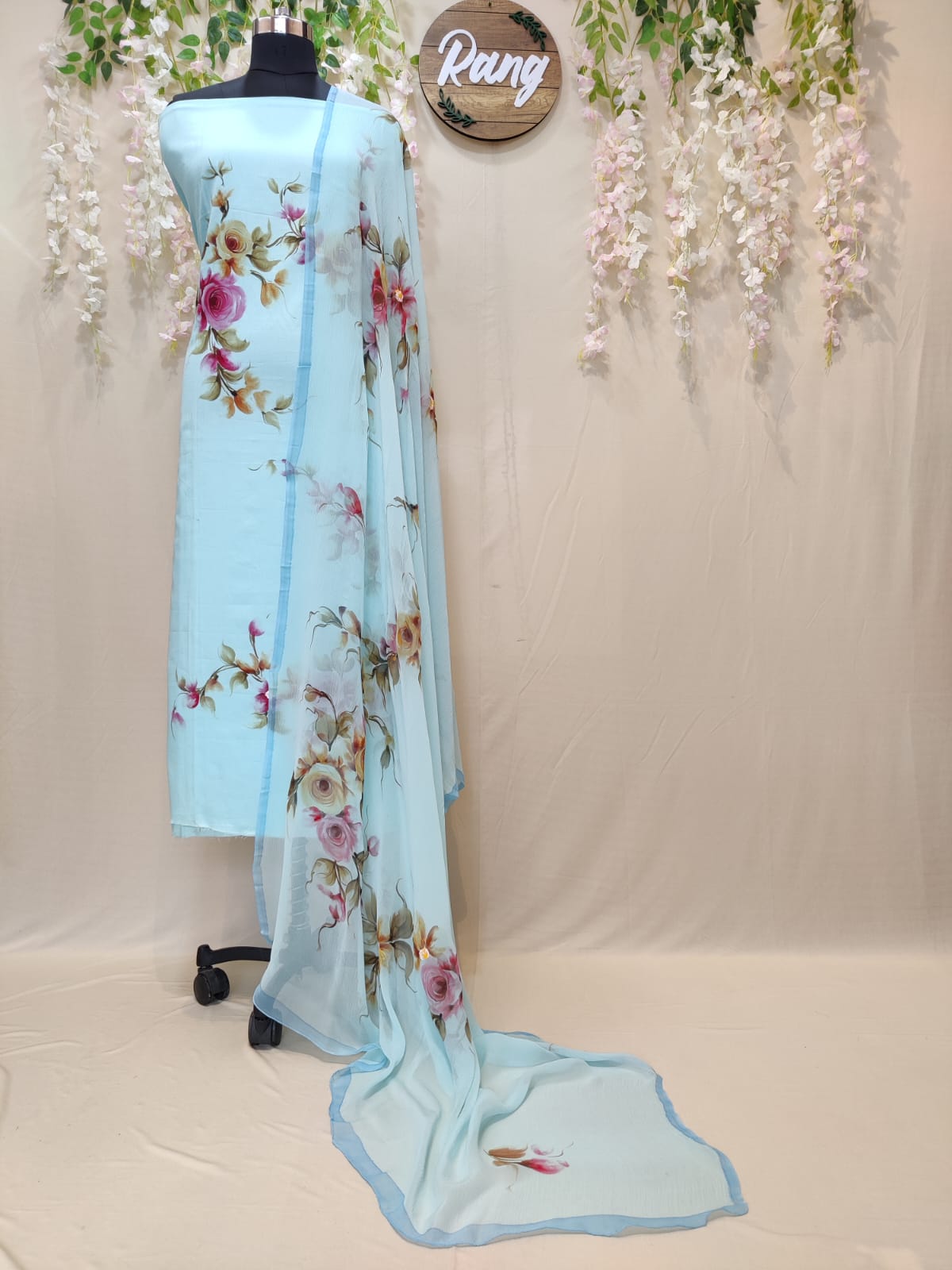Pastel Blue Zam Cotton Handpainted Suit