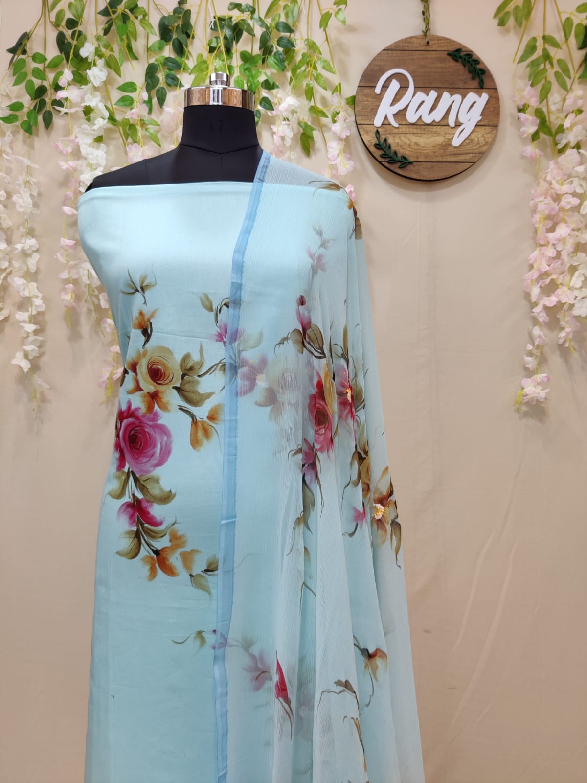 Pastel Blue Zam Cotton Handpainted Suit