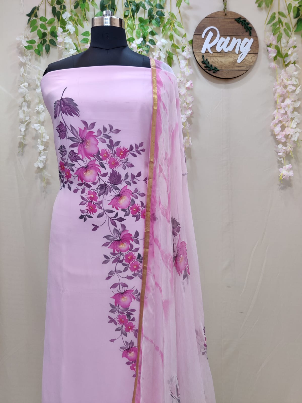 Pastel Pink Georgette Handpainted Suit