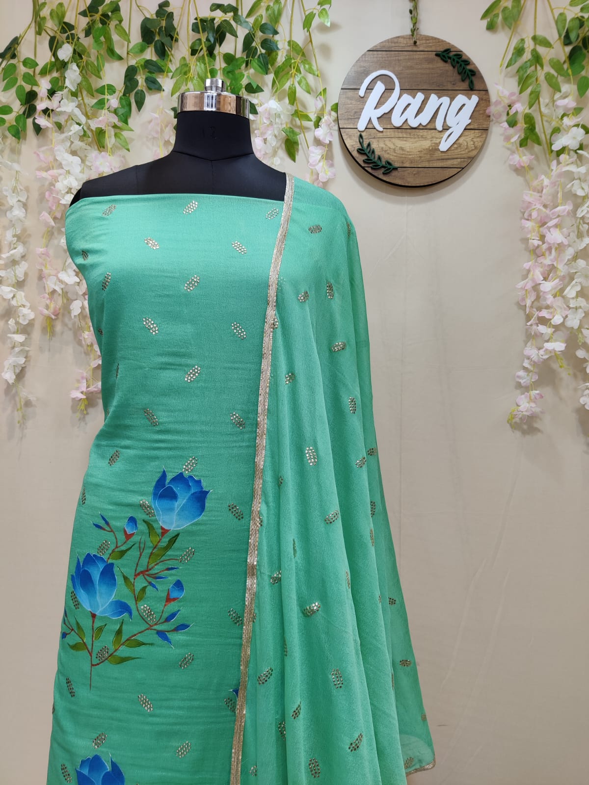 Green Chinon Chiffon Handpainted Suit