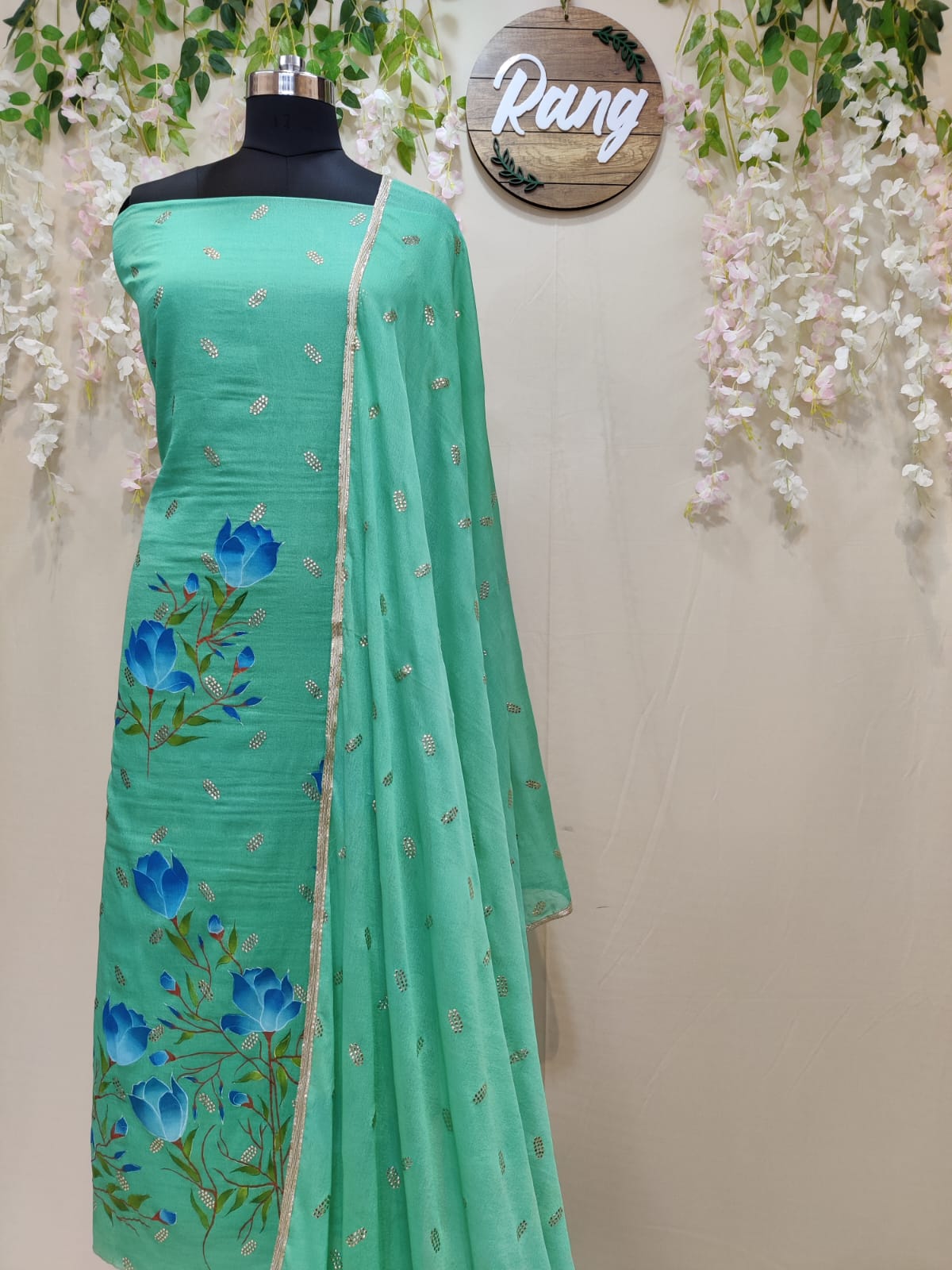 Green Chinon Chiffon Handpainted Suit