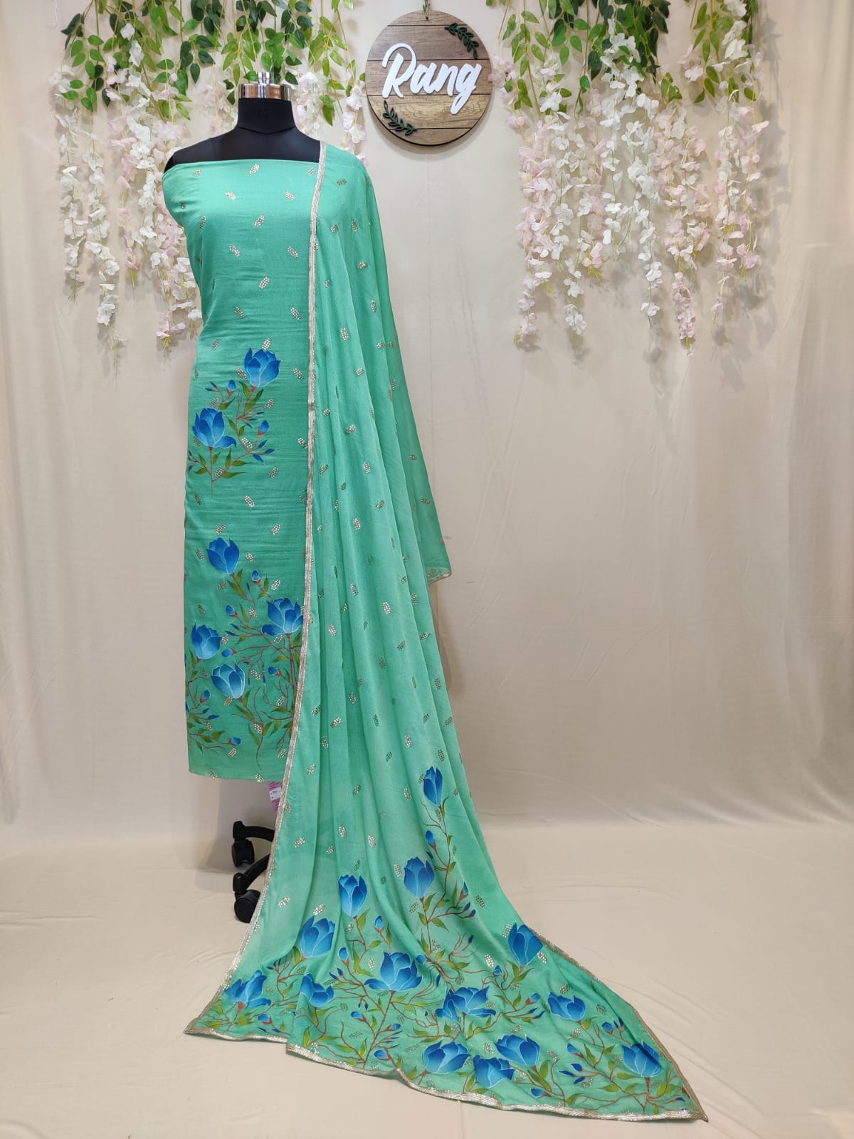 Green Chinon Chiffon Handpainted Suit