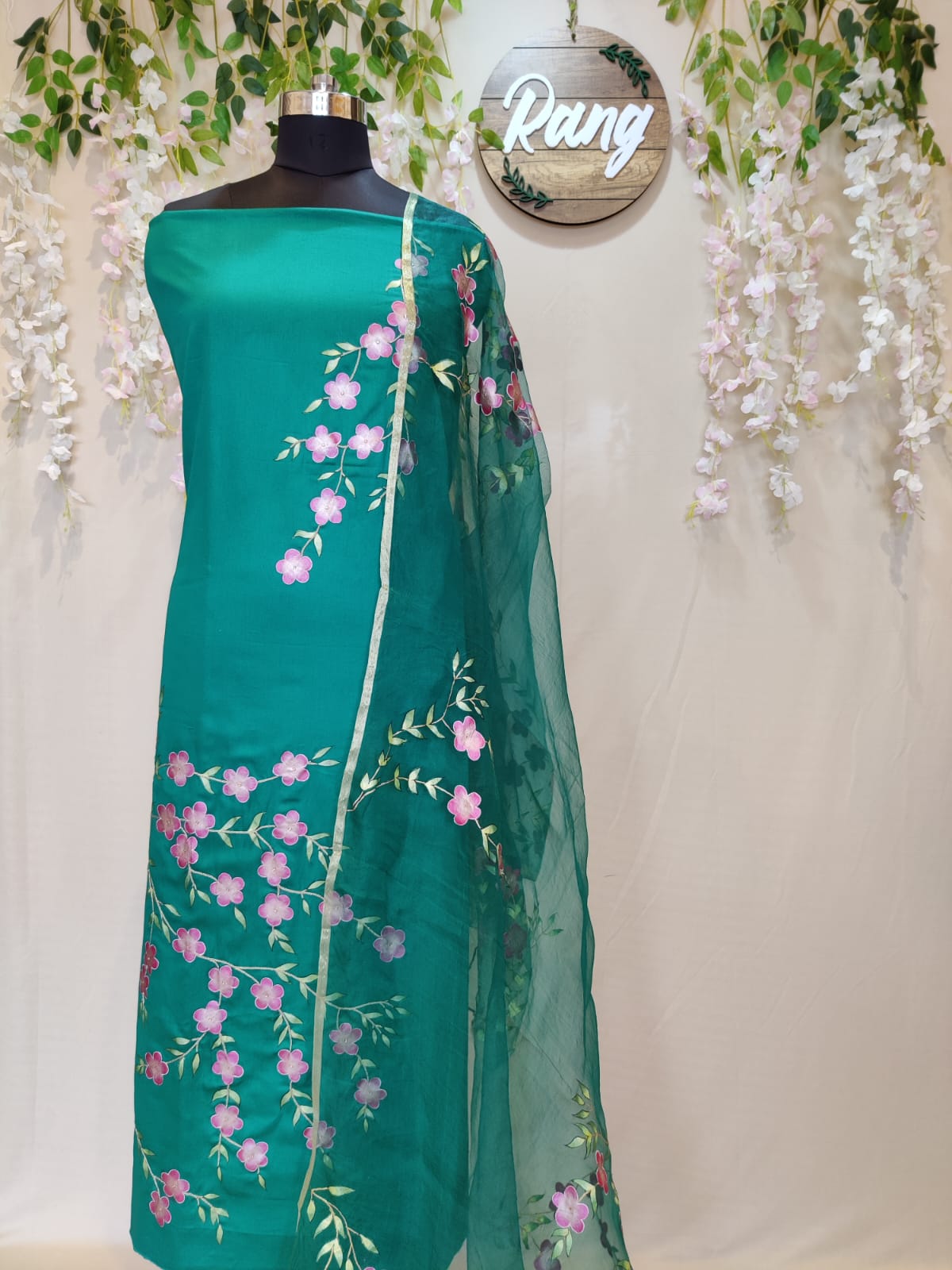 Green Zam Cotton Handpainted Suit