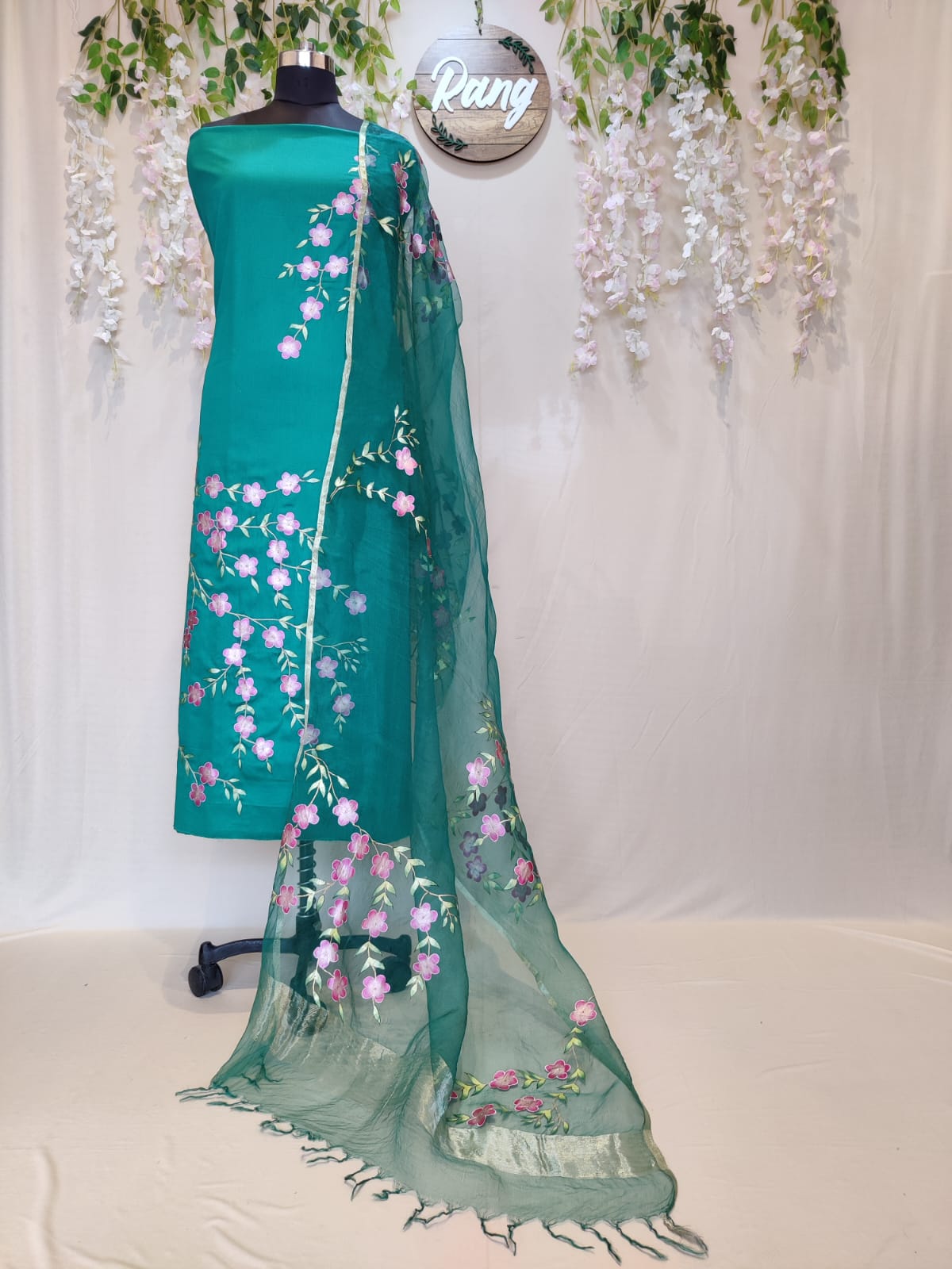 Green Zam Cotton Handpainted Suit