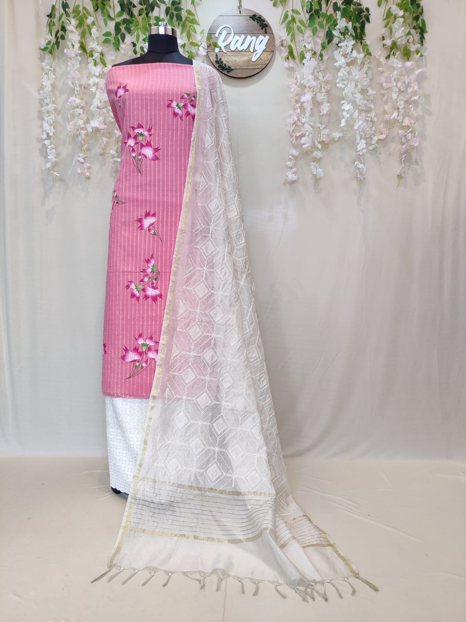 Pink Textured Cotton Handpainted Suit