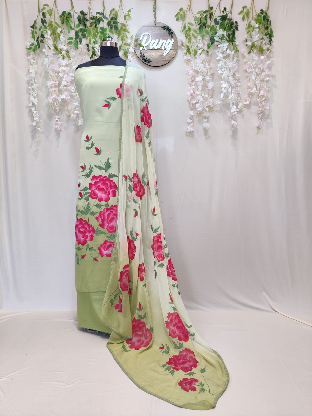 Ombre Olive Georgette Handpainted Suit