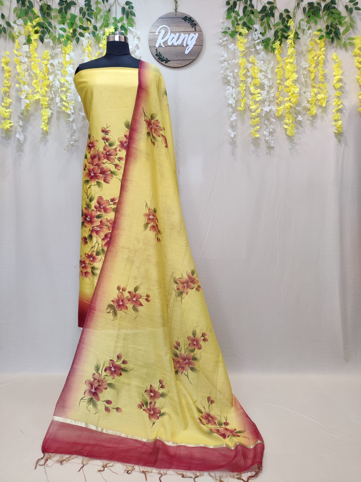 Rust-Yellow Chanderi Silk Handpainted Suit