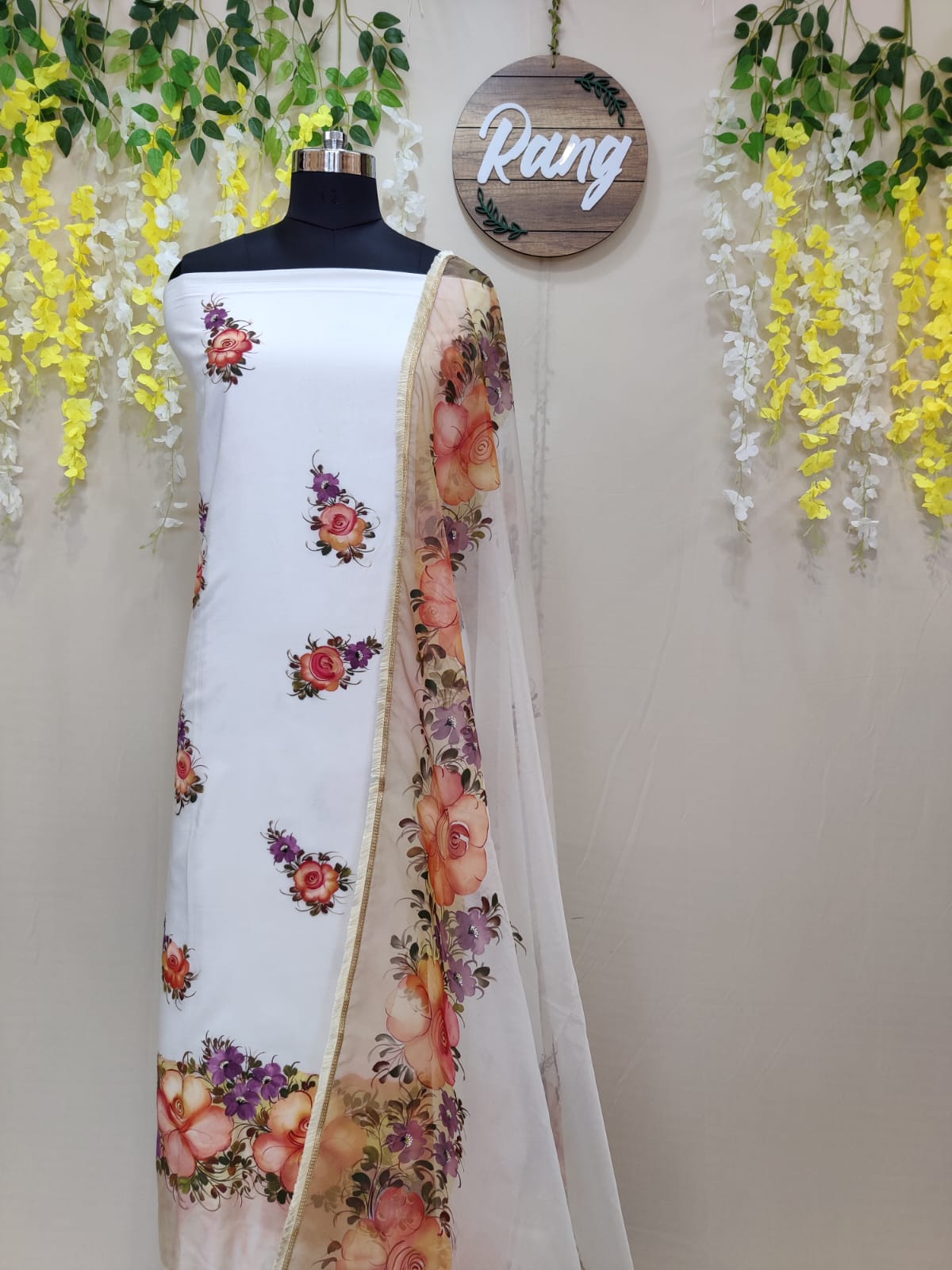 Ivory Cotton Silk Handpainted Suit