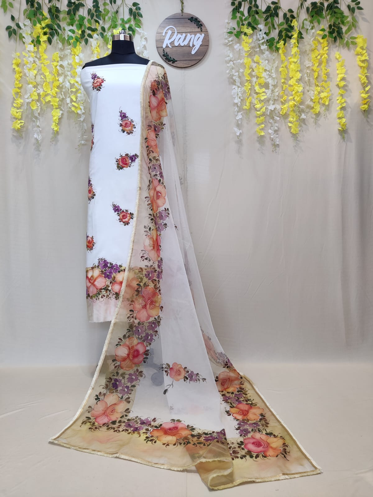 Ivory Cotton Silk Handpainted Suit