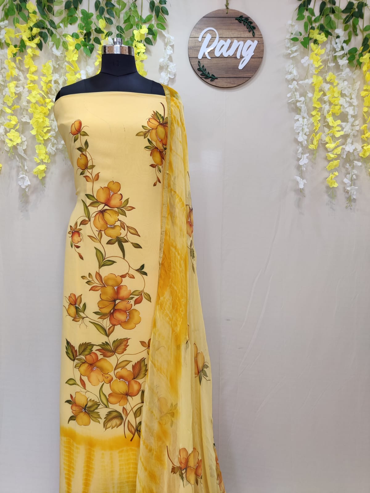 Yellow Georgette Handpainted Suit