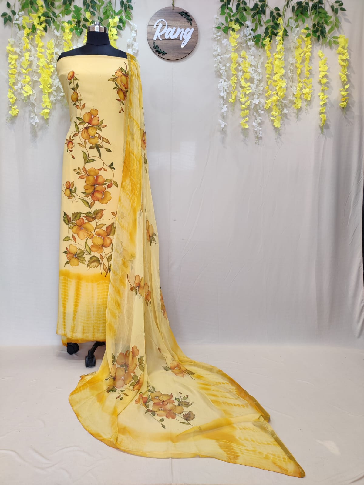 Yellow Georgette Handpainted Suit