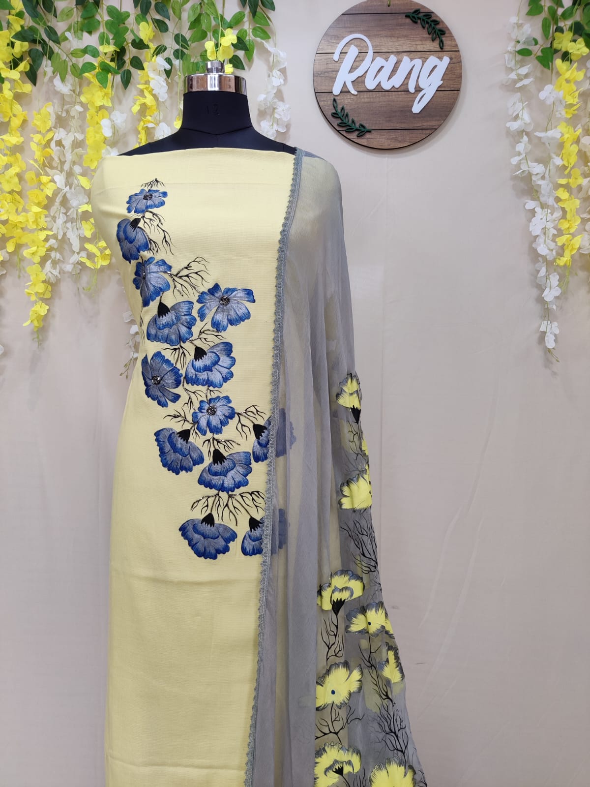 Pastel Yellow Self-Textured Cotton Handpainted Suit