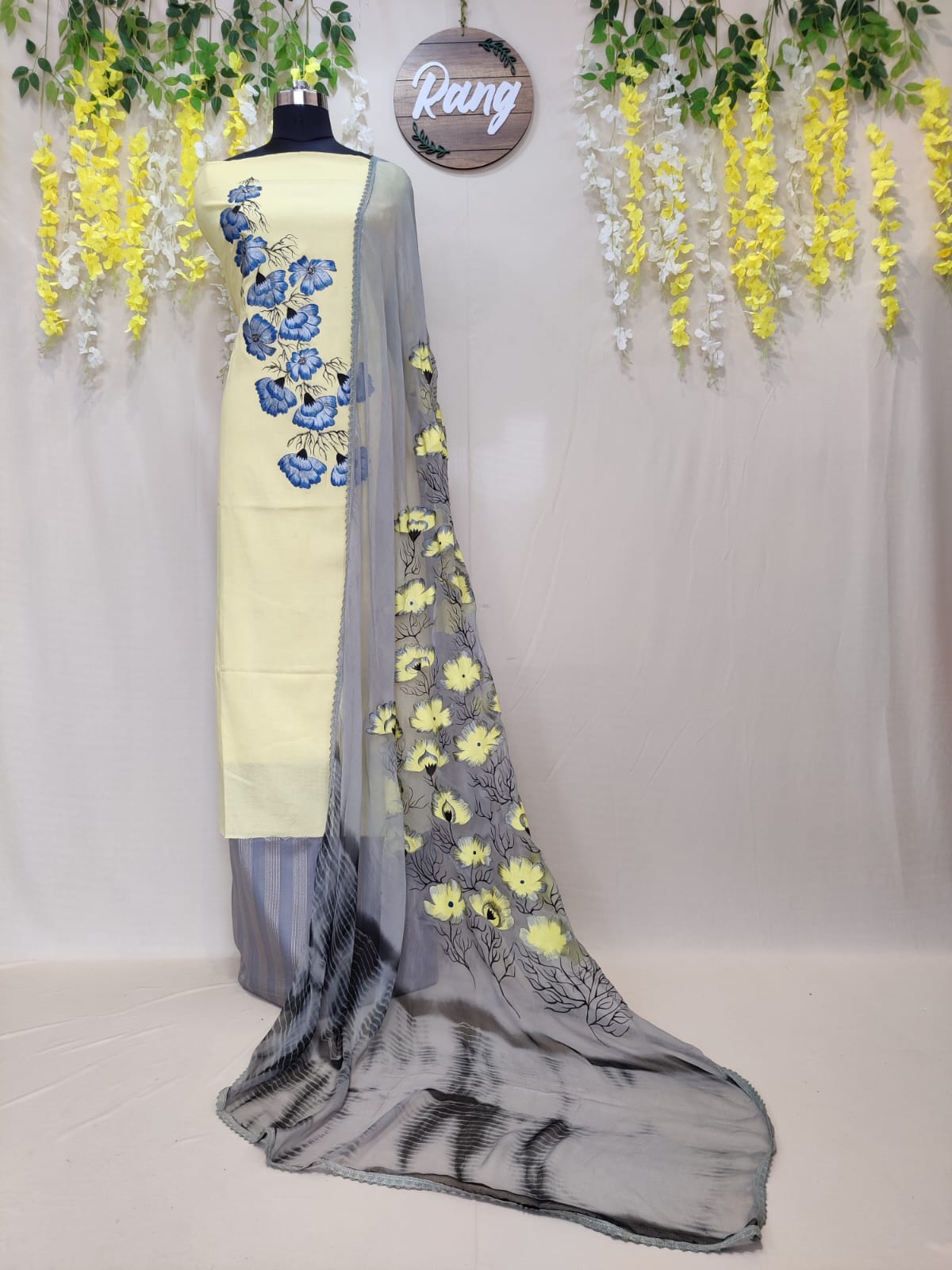 Pastel Yellow Self-Textured Cotton Handpainted Suit